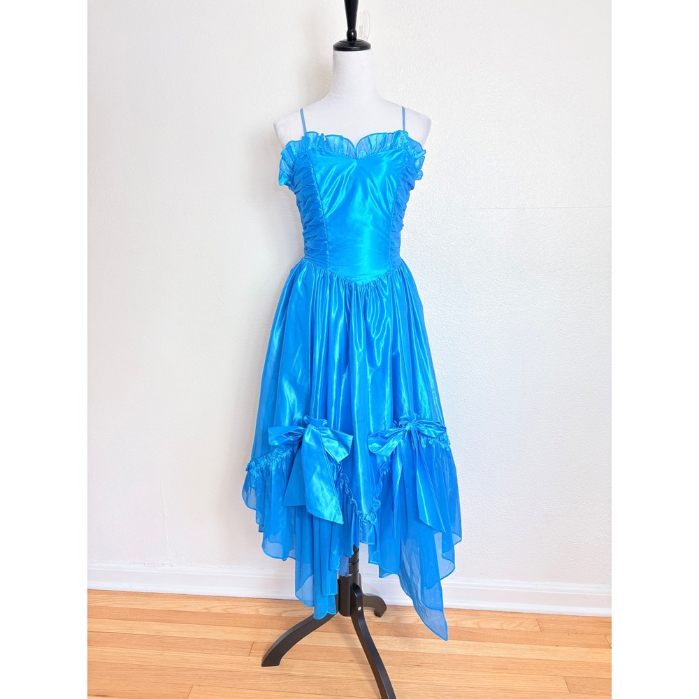 80s Vintage Bright Blue Ruffle & Bow Asymmetrical Midi Dress Size Medium Party